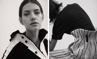 Two images, Left- model wearing shirt with raw edges and grainy striped detail, Right- Model wearing high-waisted paper-bag trousers