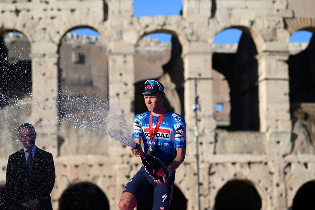 ROME ITALY MAY 26 Tim Merlier of Belgium and Team Soudal QuickStep celebrates at podium as stage winner during the 107th Giro dItalia 2024 Stage 21 a 125km stage from Rome to Rome UCIWT on May 26 2024 in Rome Italy Photo by Dario BelingheriGetty Images