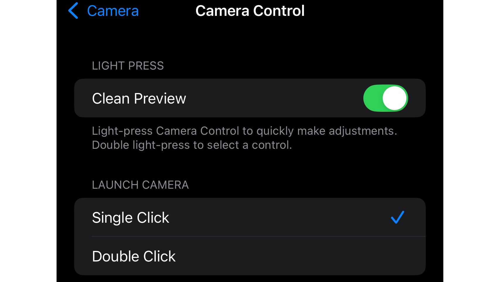 Camera Control settings