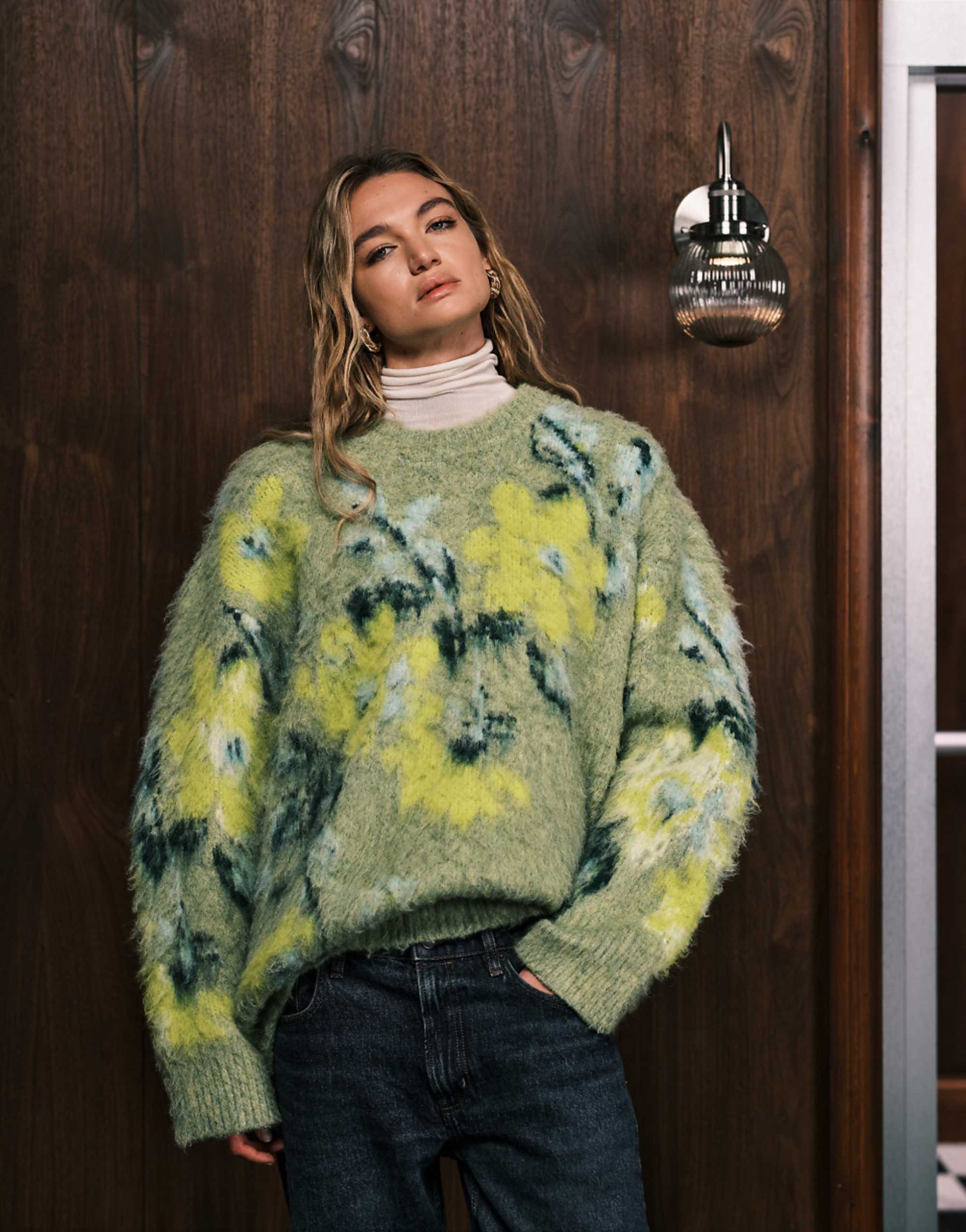 Asos Design Brushed Floral Placement Jumper in Sage