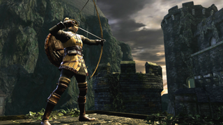 An archer in Dark Souls draws their bow to assail their enemy, perched atop castle battlements.