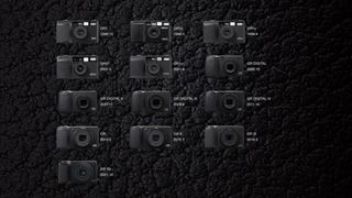 Photos illustrate the progression of the Ricoh GR series from the GR1 film camera to the GRIIIx.