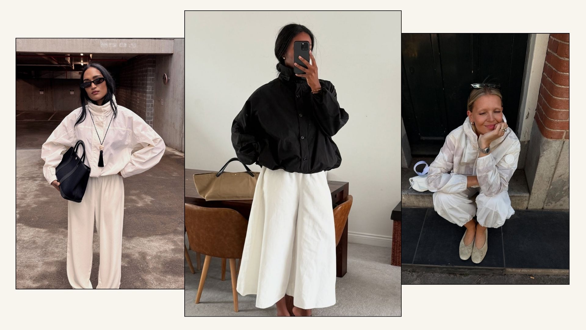 Influencers wear windbreaker jackets with trousers and skirts.