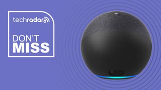 Echo Dot 5th gen speaker on a purple background with a label reading 'Don't Miss' 
