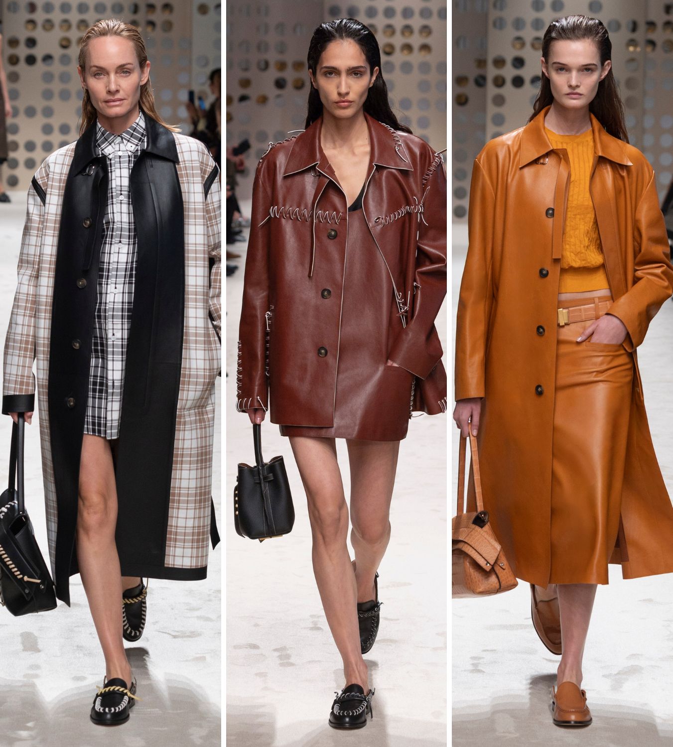 three models walking the runway at the tod&#039;s ss26 fashion show