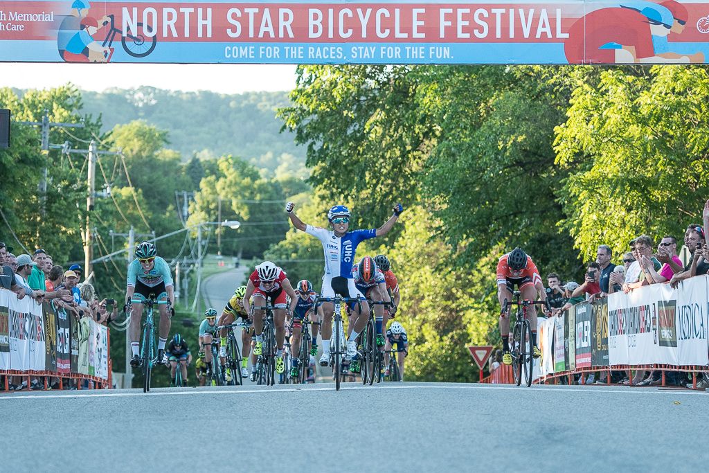 Coryn Rivera (United Healthcare) celebrates the stage 3 win in Cannon Falls