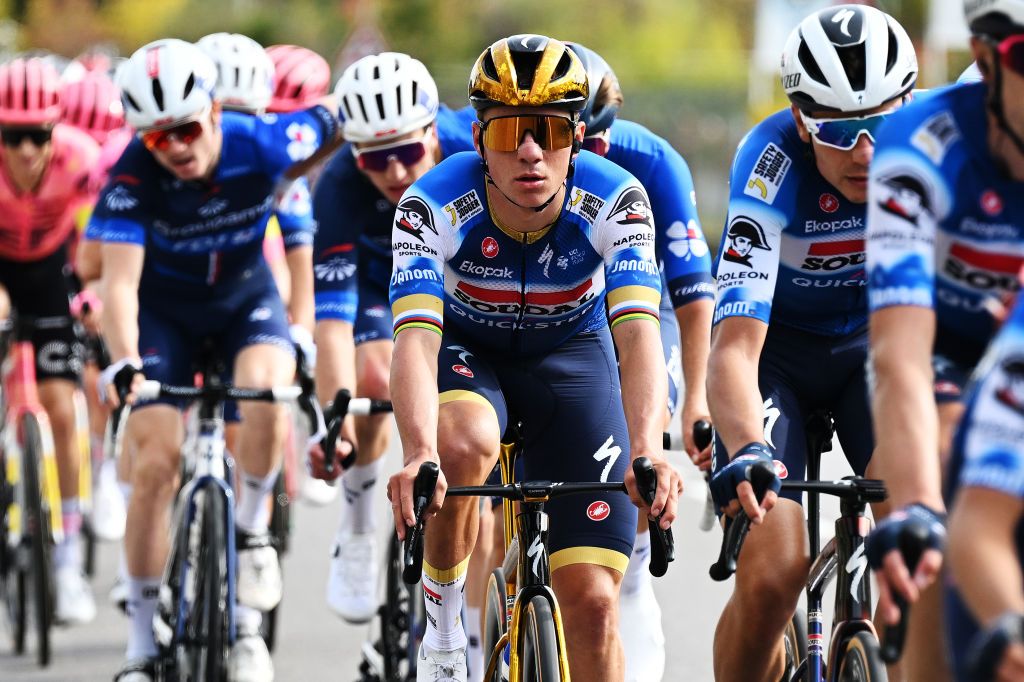 COMO ITALY OCTOBER 12 Remco Evenepoel of Belgium and Team Soudal QuickStep competes during the 118th Il Lombardia 2024 a 255km one day race from Bergamo to Como UCIWT on October 12 2024 in Como Italy Photo by Tim de WaeleGetty Images