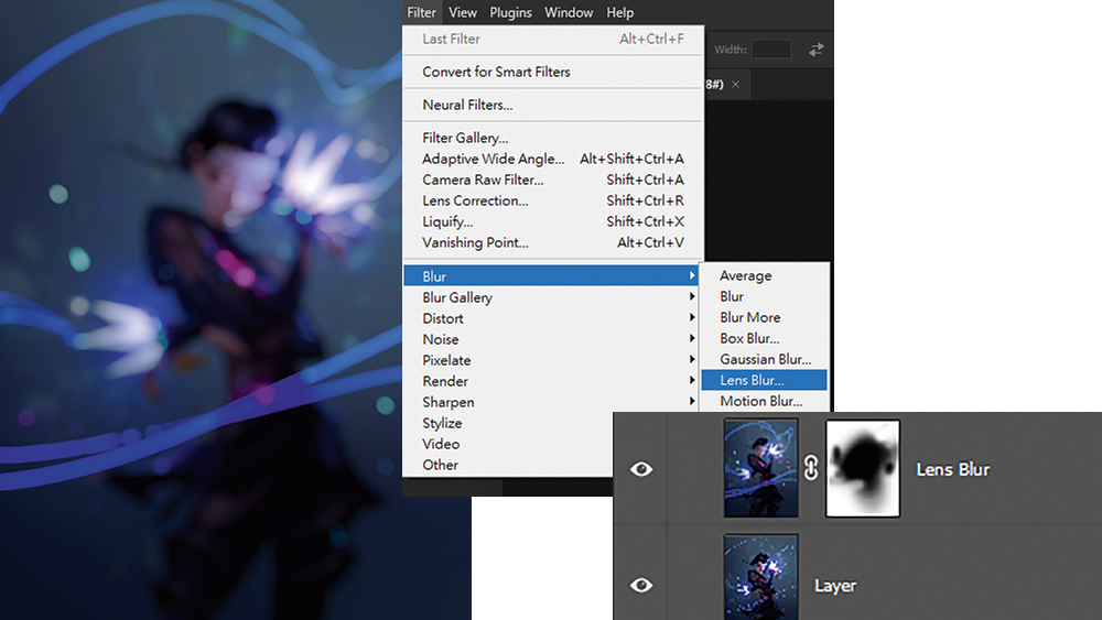 KPop Demon Hunters fan art showing Zoey with held arms crossed with Photoshop menu showing settings