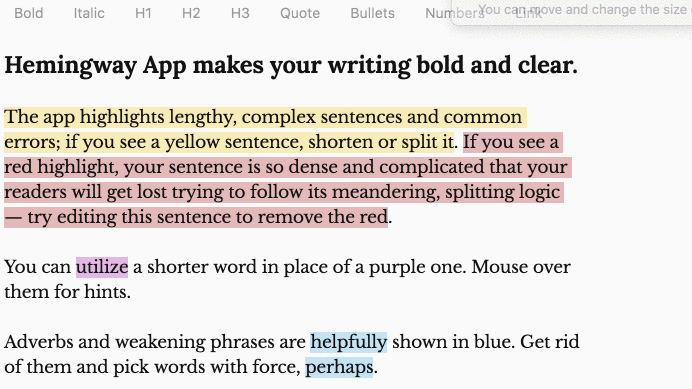 An example of the Hemingway app in action on a piece of text