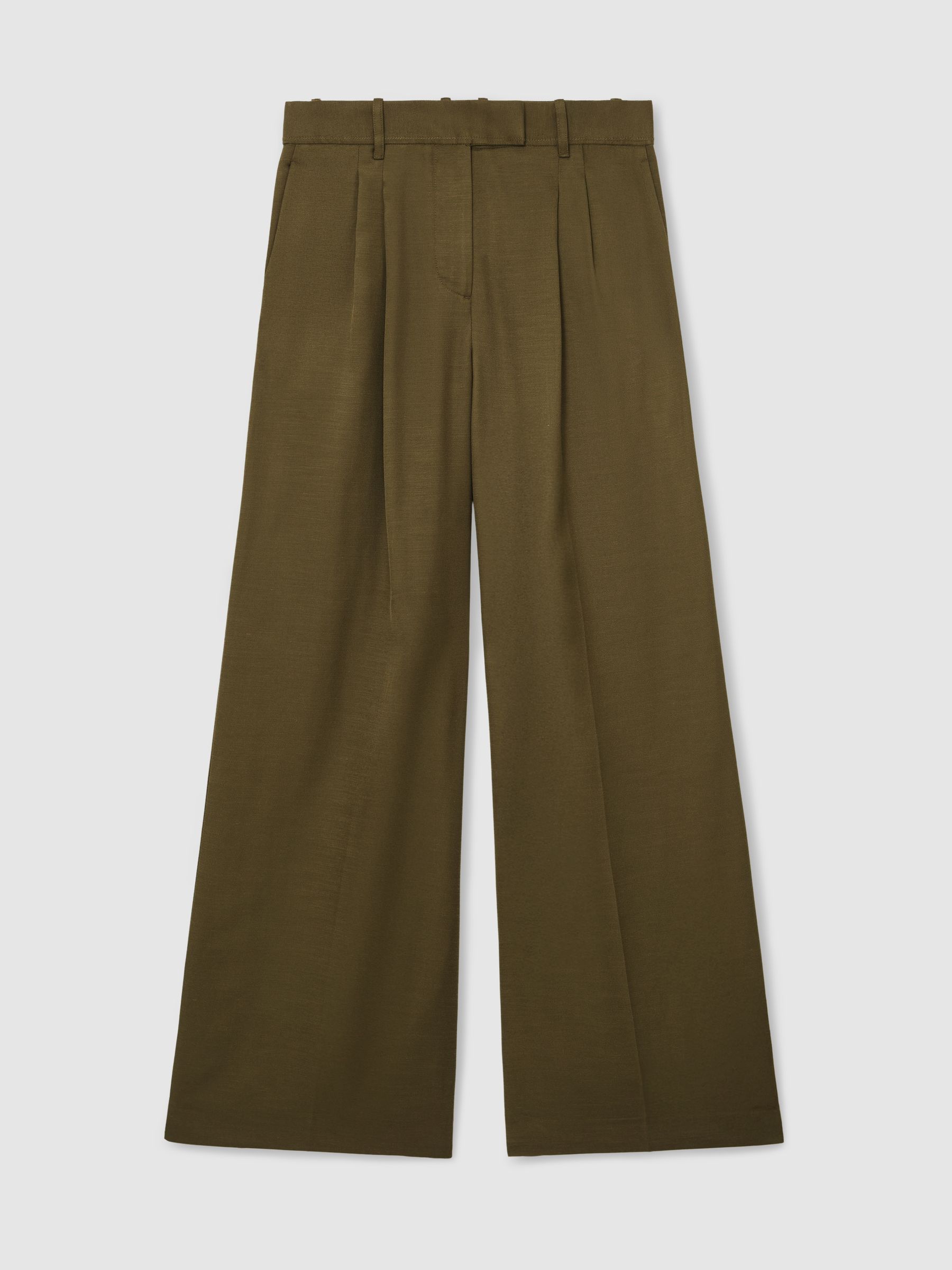 Wide-Leg Pleated Trousers in Khaki Green