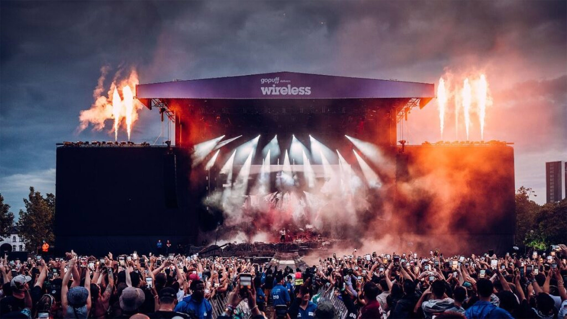 A photo of a festival stage at night. 