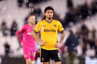 Manchester United target Joao Gomes of Wolverhampton Wanderers looks dejected at full-time following the team's defeat in the Premier League match between West Ham United and Wolverhampton Wanderers at London Stadium on December 17, 2023 in London, England. (Photo by Jack Thomas - WWFC/Wolves via Getty Images)