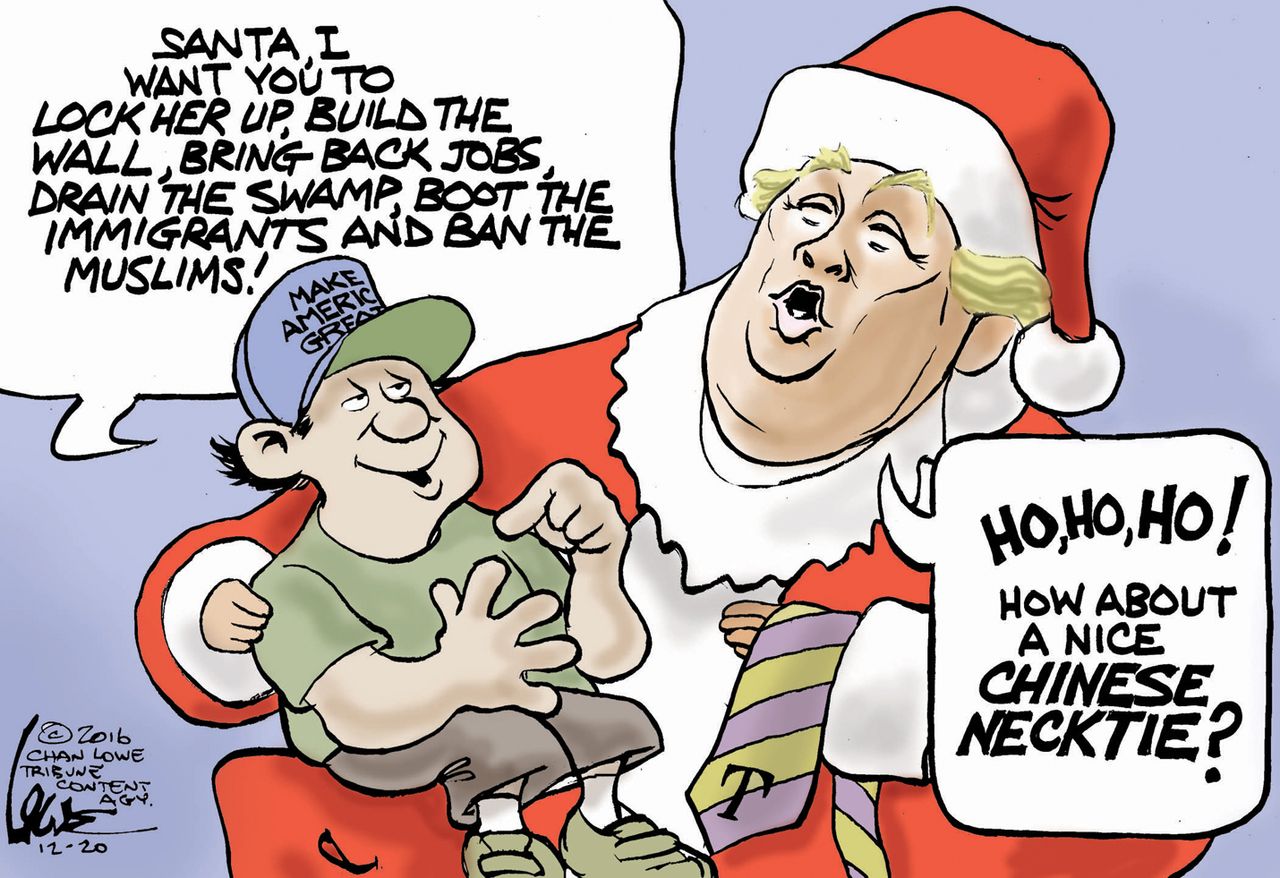 Political cartoon U.S. Donald Trump Christmas wish list