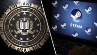 The seal of the FBI; A laptop showing the Steam logo.