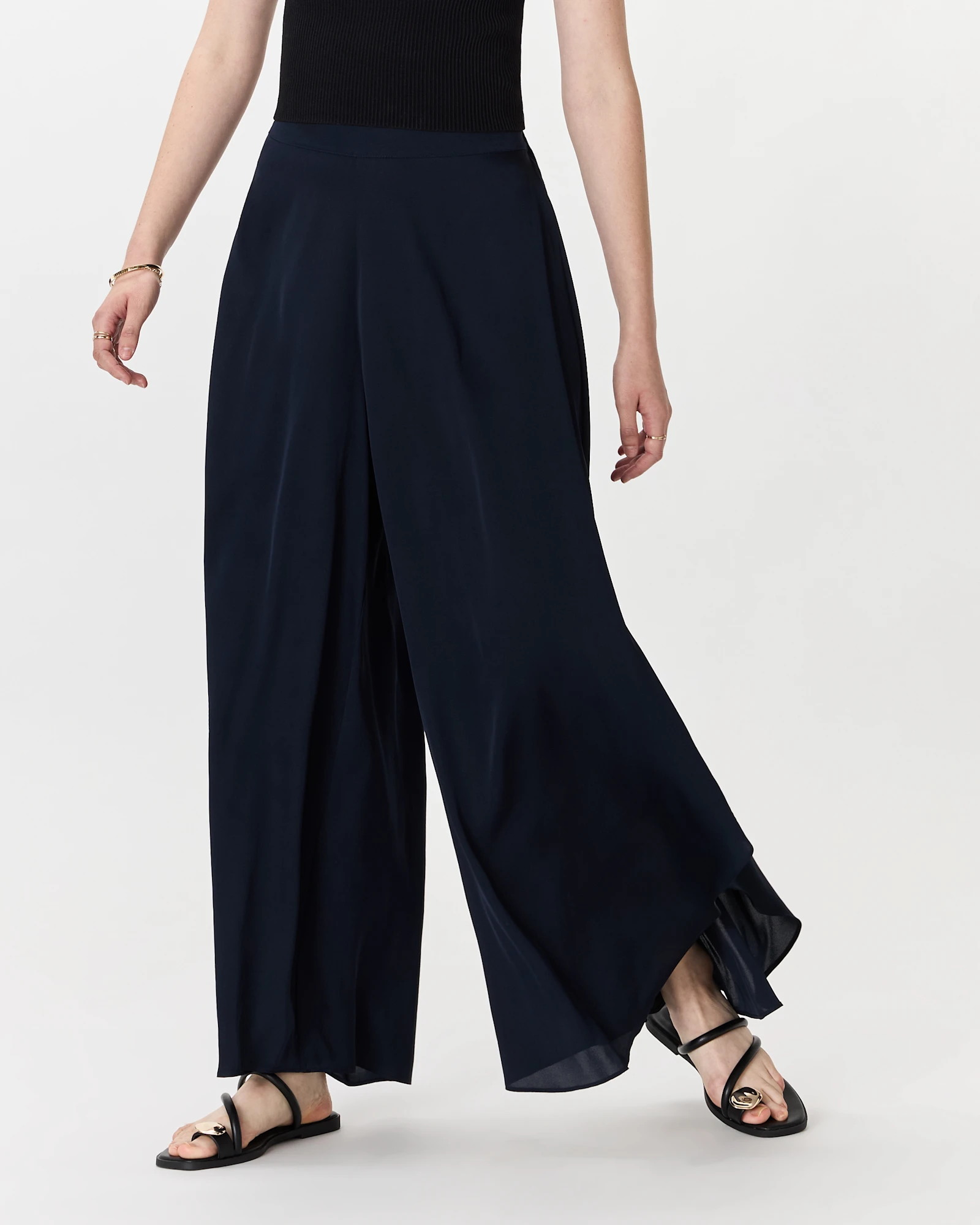 Washable Stretch Silk Palazzo Pants in Navy