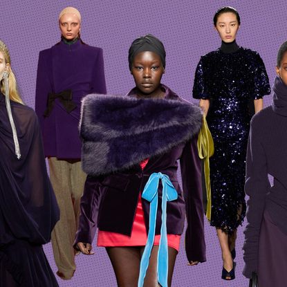 A collage of the purple color trend with models at Altuzarra, McQueen, Valentino, Nina Ricci, Michael Kors, and Victoria Beckham's Fall 2025 collections