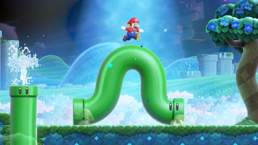 Mario stood on top of a wiggling warp pipe in Super Mario Bros. Wonder.