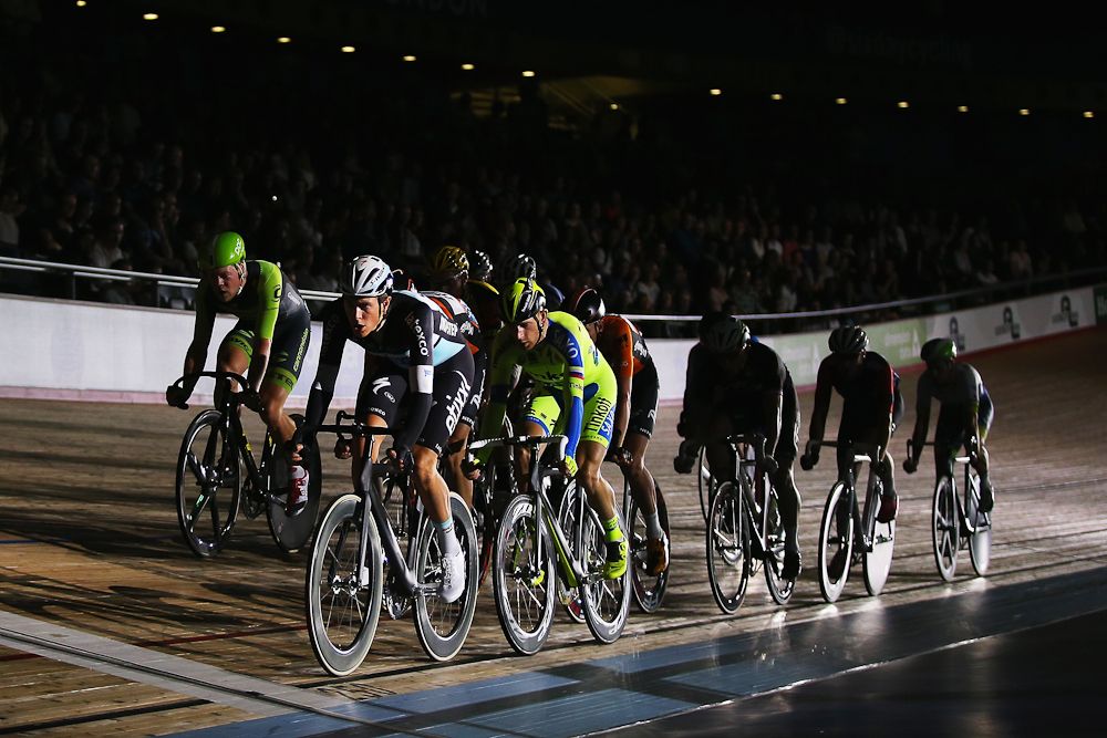 Niki Terpstra (Etixx-QuickStep) leads the bunch in the Elimination race round of the 1878 Cup during day one of the London Six Day Race