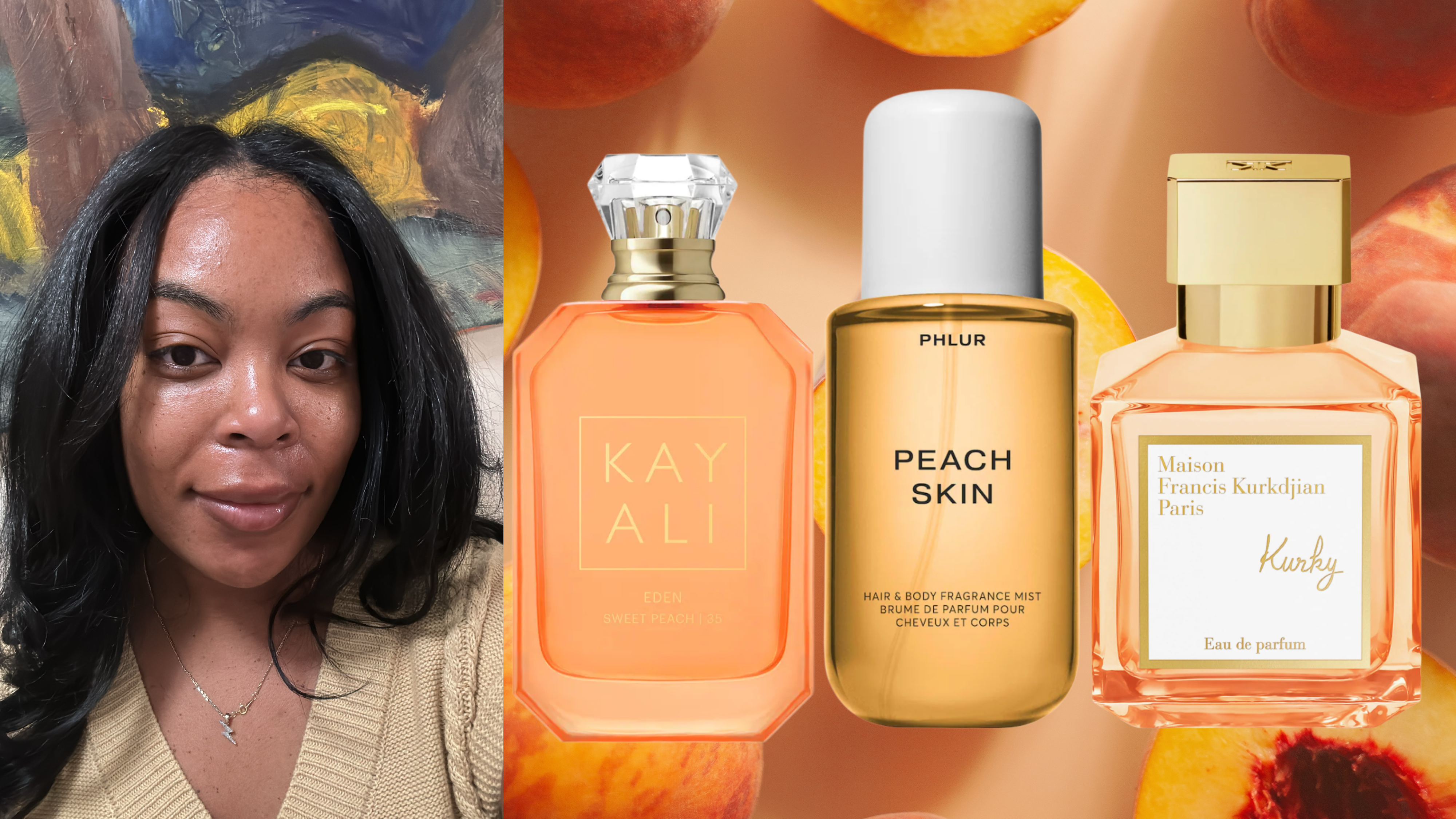 A headshot of Ariel Baker next to 3 bottles of peach perfume in front of a background filled with peaches.