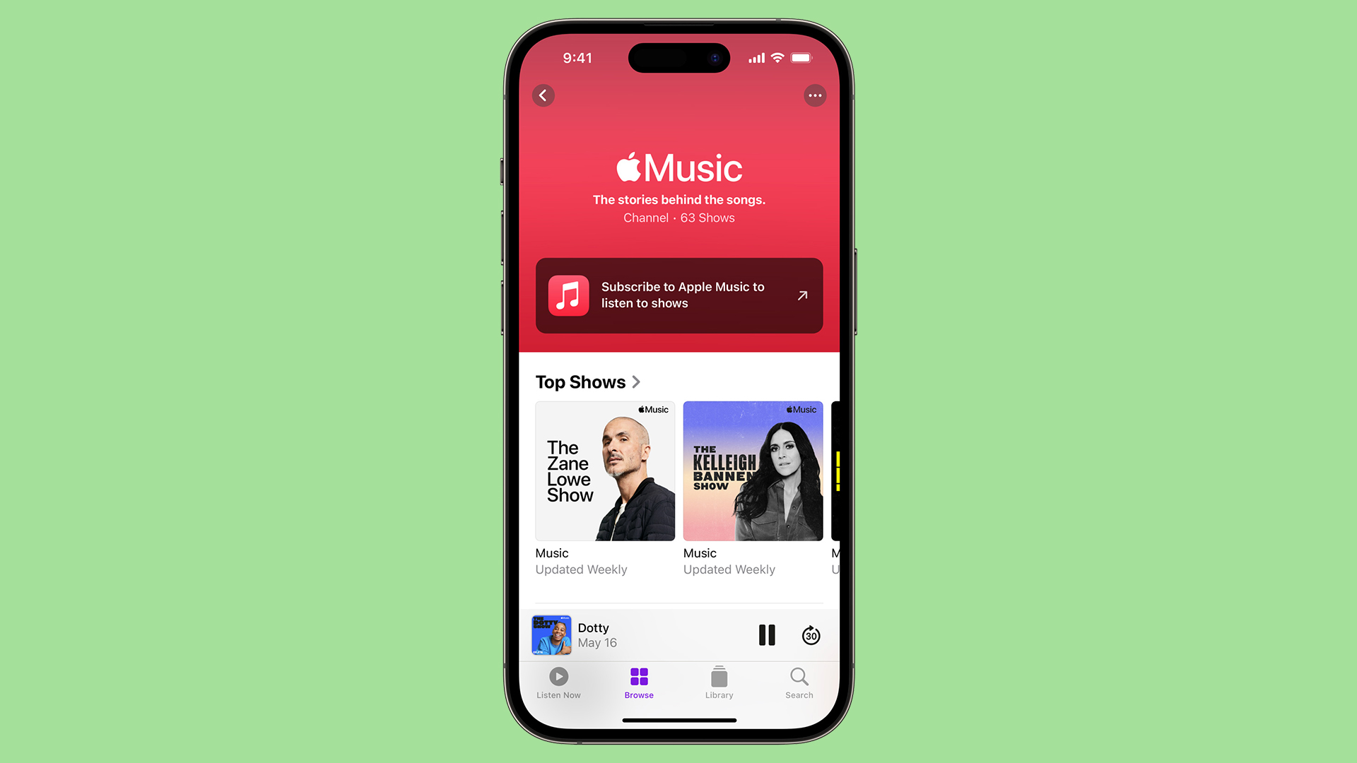 An iPhone with the Apple Music open showing radio shows