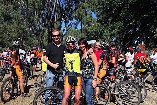 Dan McConnell shares the yellow jersey joy on Day 7 with Katherine O'Shea's partner Ray Lacis, and girlfriend Jess Buckland.