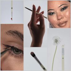 Kraum makeup brushes shown in a collage alongside close-ups of smokey eye makeup and brush details in an artistic design