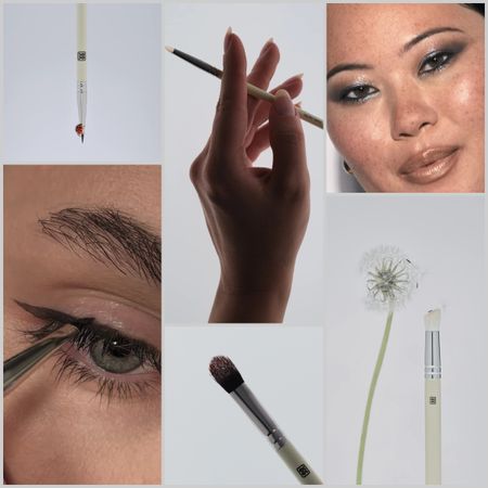Kraum makeup brushes shown in a collage alongside close-ups of smokey eye makeup and brush details in an artistic design