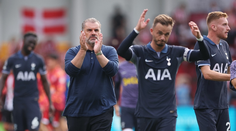 Tottenham manager Ange Postecoglou and midfielder James Maddison applaud the fans after the 2-2 draw at Brentford in August 2023.