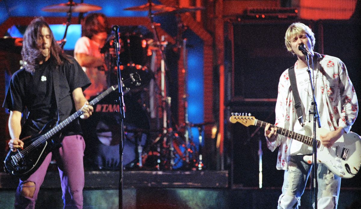 (from left) Krist Novoselic, Dave Grohl and Kurt Cobain perform at the Pauley Pavilion in Los Angeles in 1992