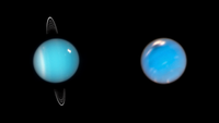 A composite image of Uranus (left) and Neptune based on Hubble Space Telescope observations.