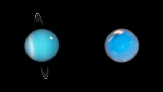 A composite image of Uranus (left) and Neptune based on Hubble Space Telescope observations.