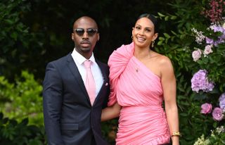 Alesha Dixon and Azuka Ononye seen arriving at the wedding of Ant McPartlin and Anne-Marie Corbett at St Michael's Church