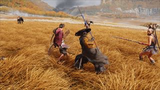 Four warriors fighting in a grassy field in Ghost of Yotei