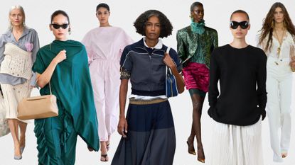 2025 Fashion trend predictions graphic featuring models from Marco Rambaldi, Carven, Aläia, Miu Miu, Saint Laurent, The Row, Chloé