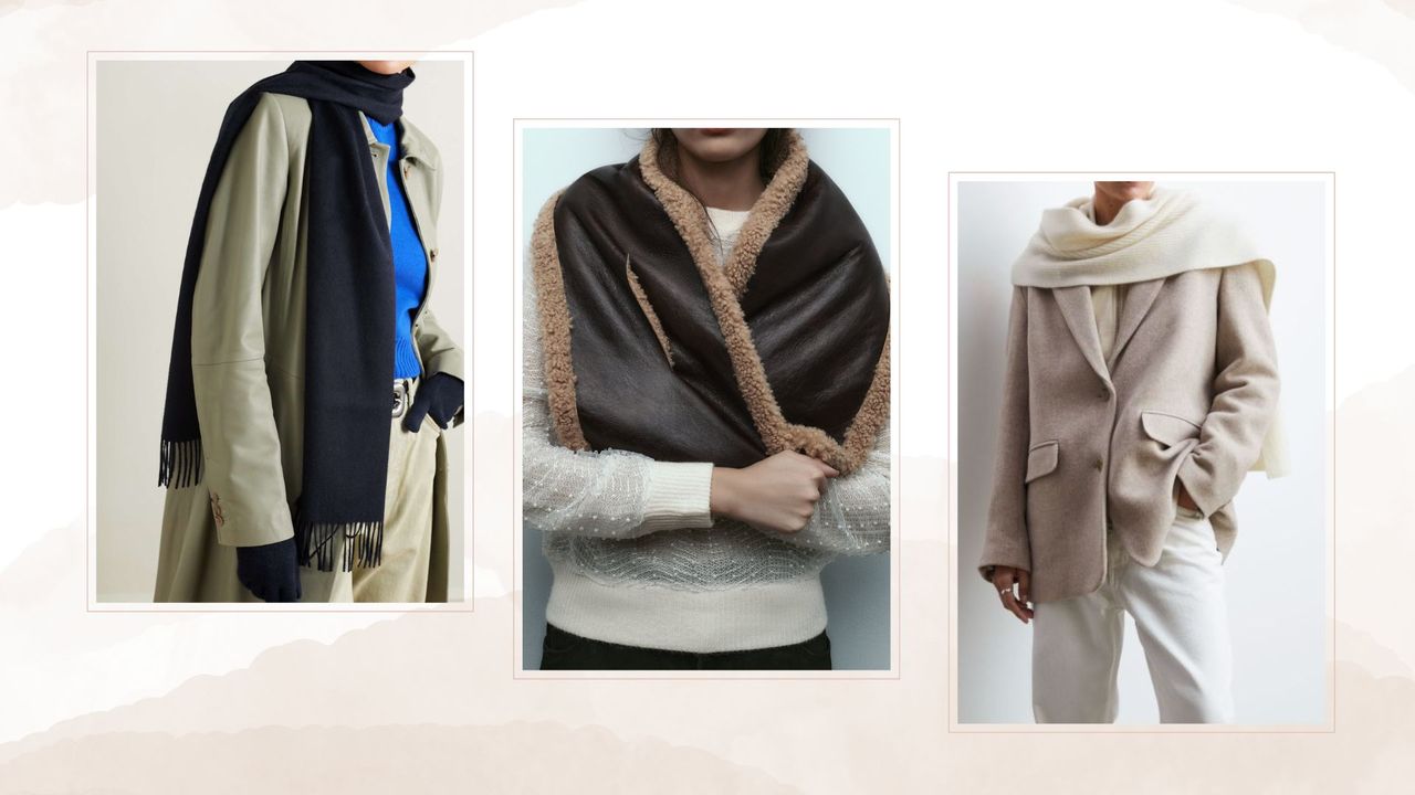 composite of models wearing the best scarves for women from Net a Porter, Zara, H&amp;M