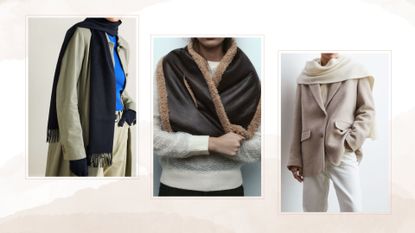composite of models wearing the best scarves for women from Net a Porter, Zara, H&M