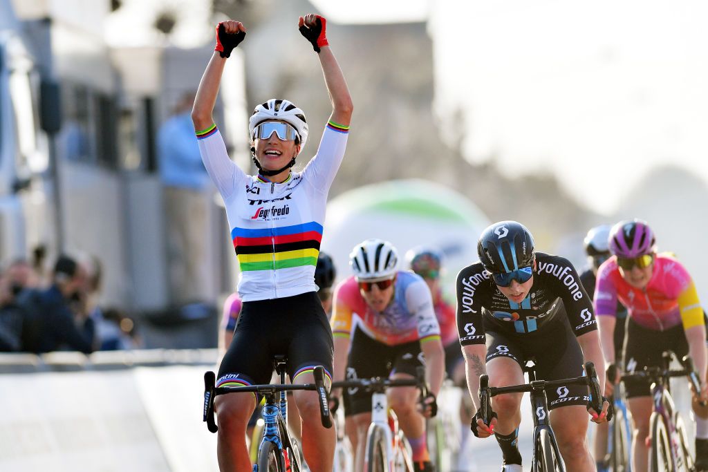 Elisa Balsamo (Trek Segafredo) celebrates winning Classic Brugge-De Panne Women 2022 ahead of Lorena Wiebes (Team DSM) 