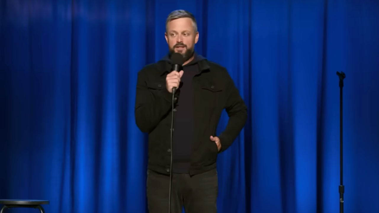 Nate Bargatze performing stand-up in The Greatest Average American