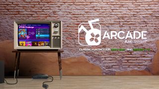 Antstream Arcade on a vintage TV with a brick wall background announcing its launch on Xbox Series X|S and Xbox One