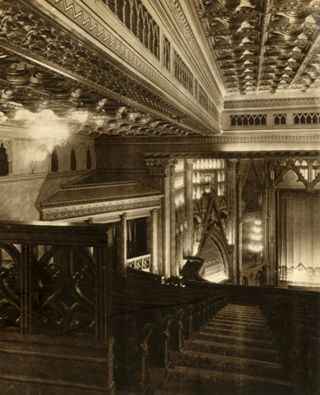 Sepia image of an ornate Art Deco cinema