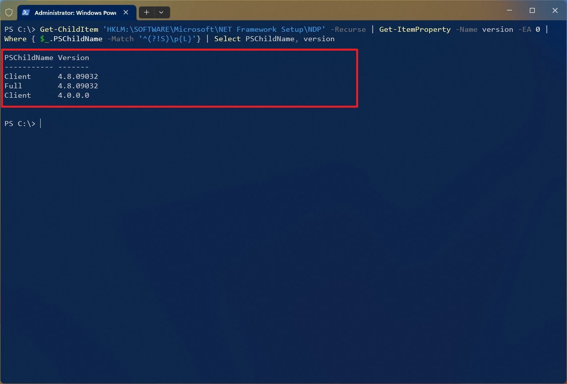 PowerShell check version of .NET command