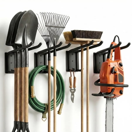 Wall Mount Garage Tool Organizer Storage Hook for Yard Shed, Garden Tool Holder Organizer Rack, Metal Garage Garden Tool Hanger for Lawn Organizer Holds Shovel,rakes,brooms,hoses 4 Pack
