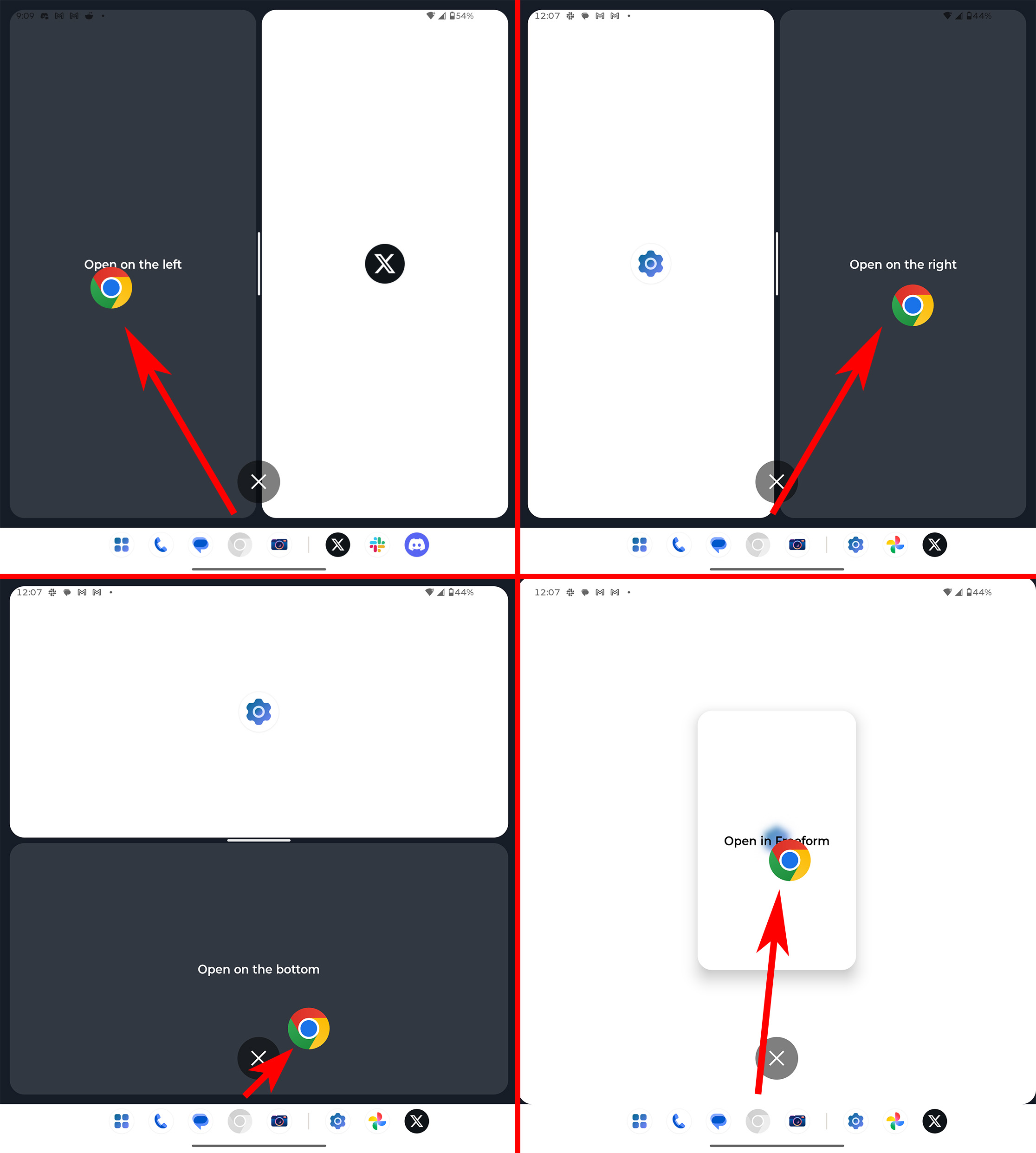 Dragging the Chrome app's icon to different parts of the screen to use multiple apps at once on a Motorola Razr Fold