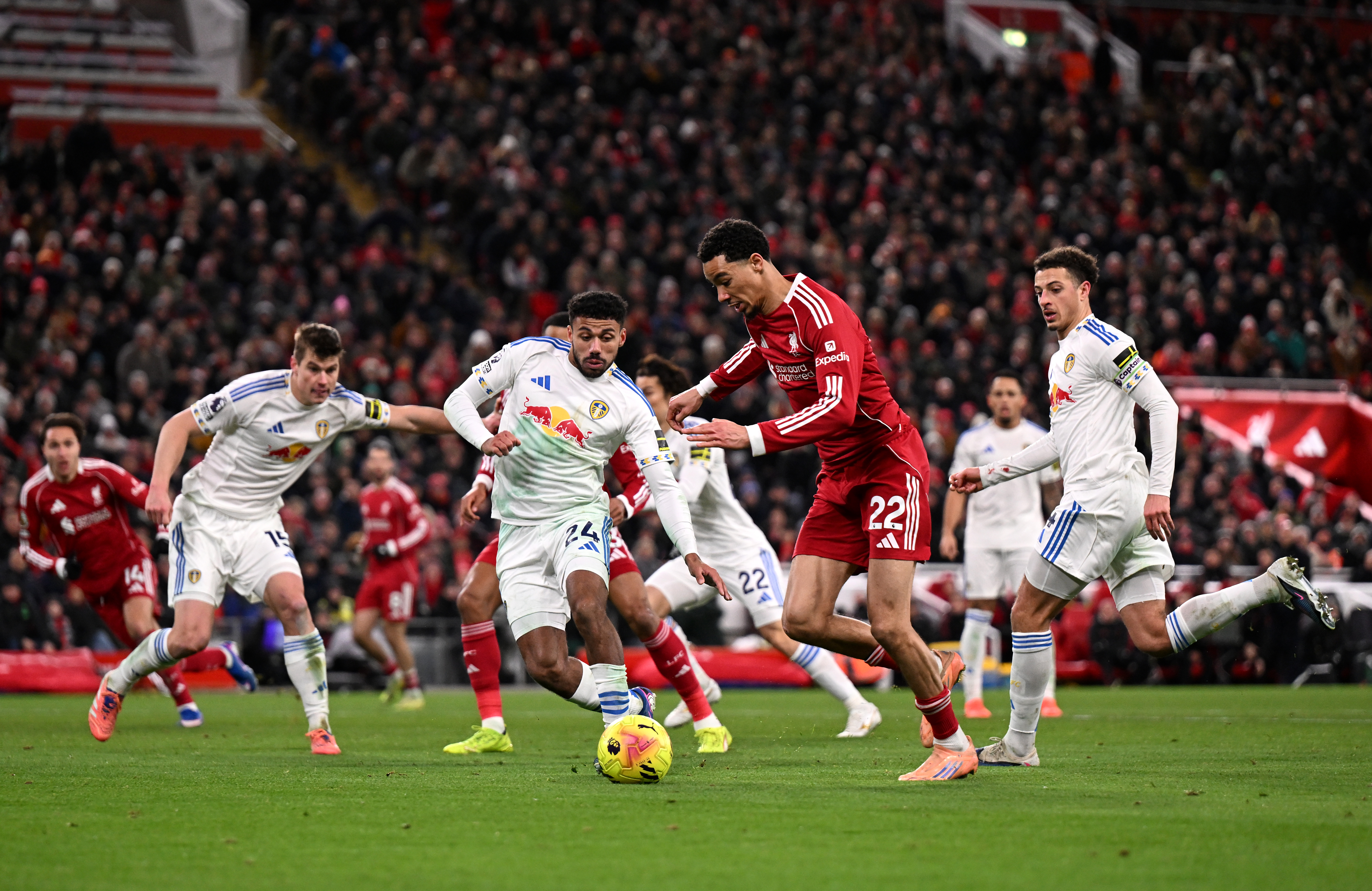 LIVERPOOL, ENGLAND - JANUARY 01: (THE SUN OUT, THE SUN ON SUNDAY OUT) Hugo Ekitike of Liverpool prepares to shoot whilst under pressure from Lukas Nmecha of Leeds United during the Premier League match between Liverpool and Leeds United at Anfield on January 01, 2026 in Liverpool, England. (Photo by Liverpool FC/Liverpool FC via Getty Images)
