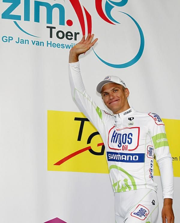 Marcel Kittel (Argos-Shimano) is all smiles as he steps onto the stage for the victory ceremony.