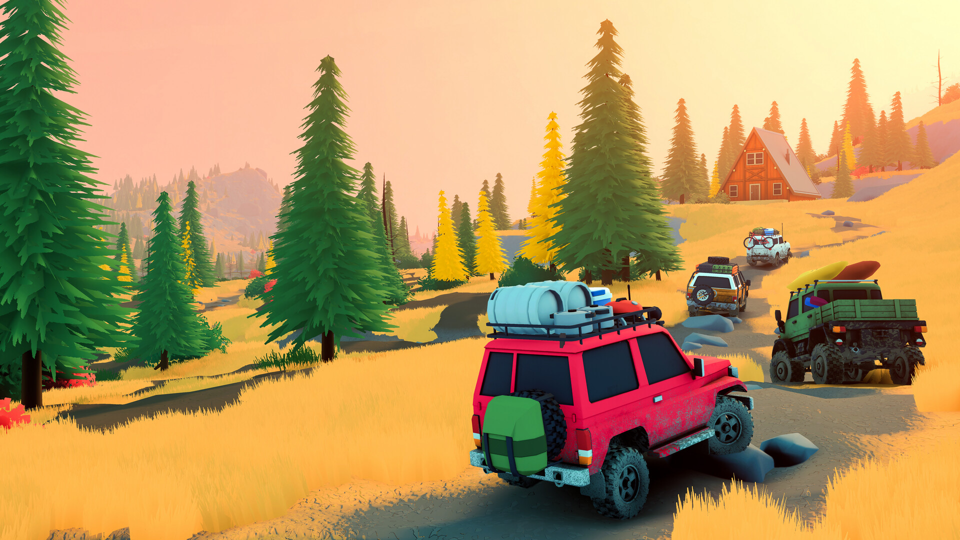 Over The Hill screenshot showing four vehicle driving up a rocky road in a forested area with yellowed grass and pine trees