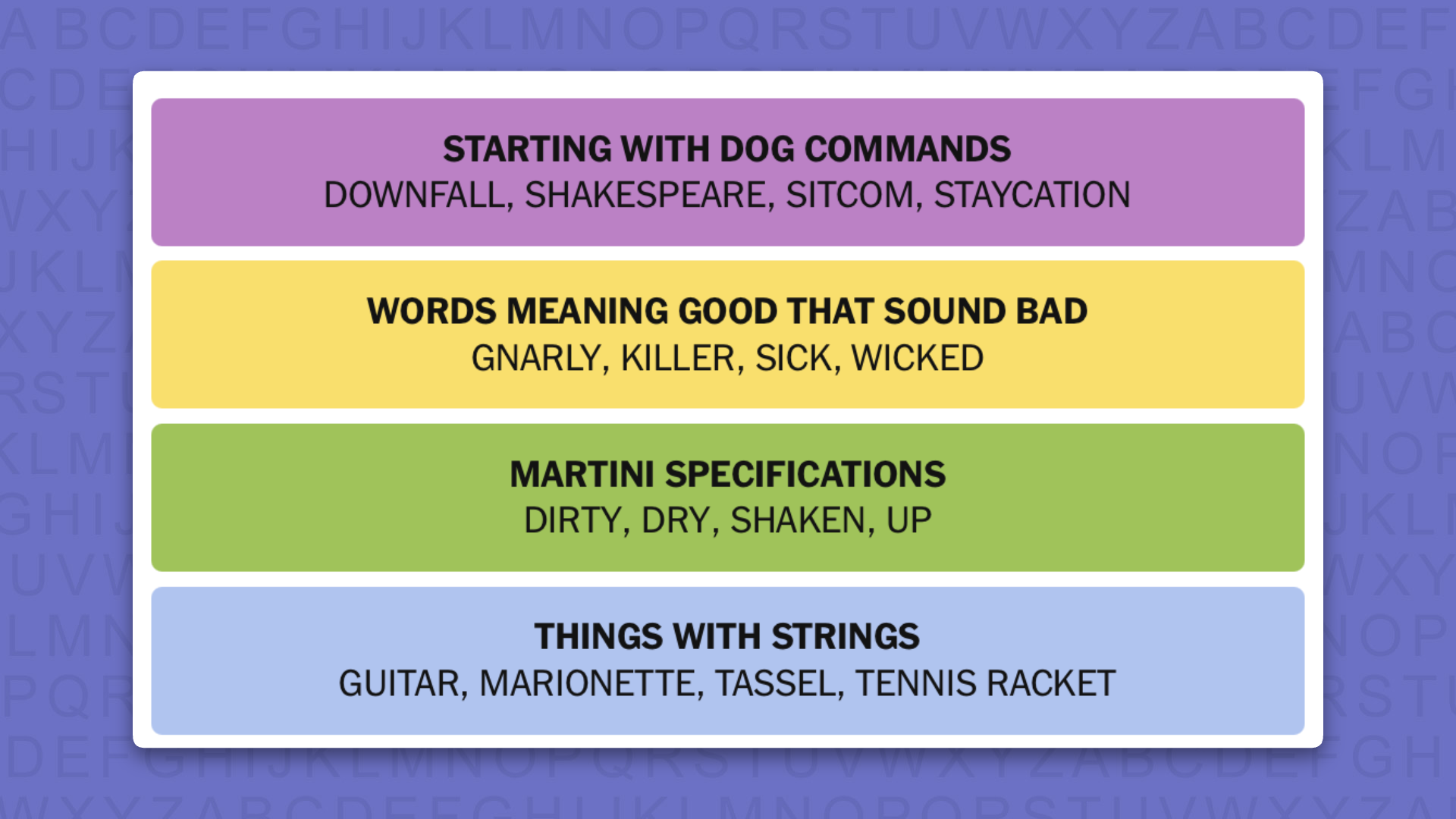 NYT Connections answers for game 1238 on a purple background