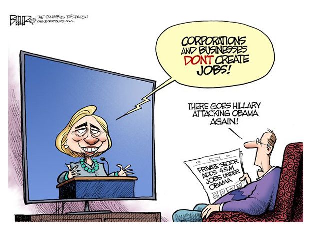 Political cartoon Hillary Clinton Obama jobs