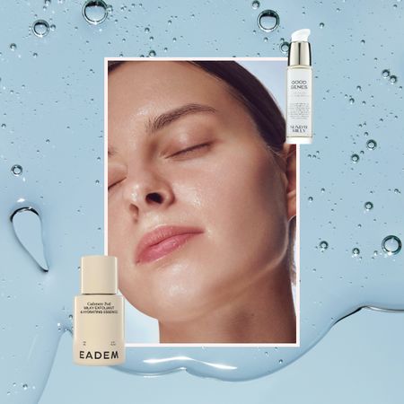 a blue serum background with two beige and white lactic acid bottles next to a woman with super clear, hydrated skin