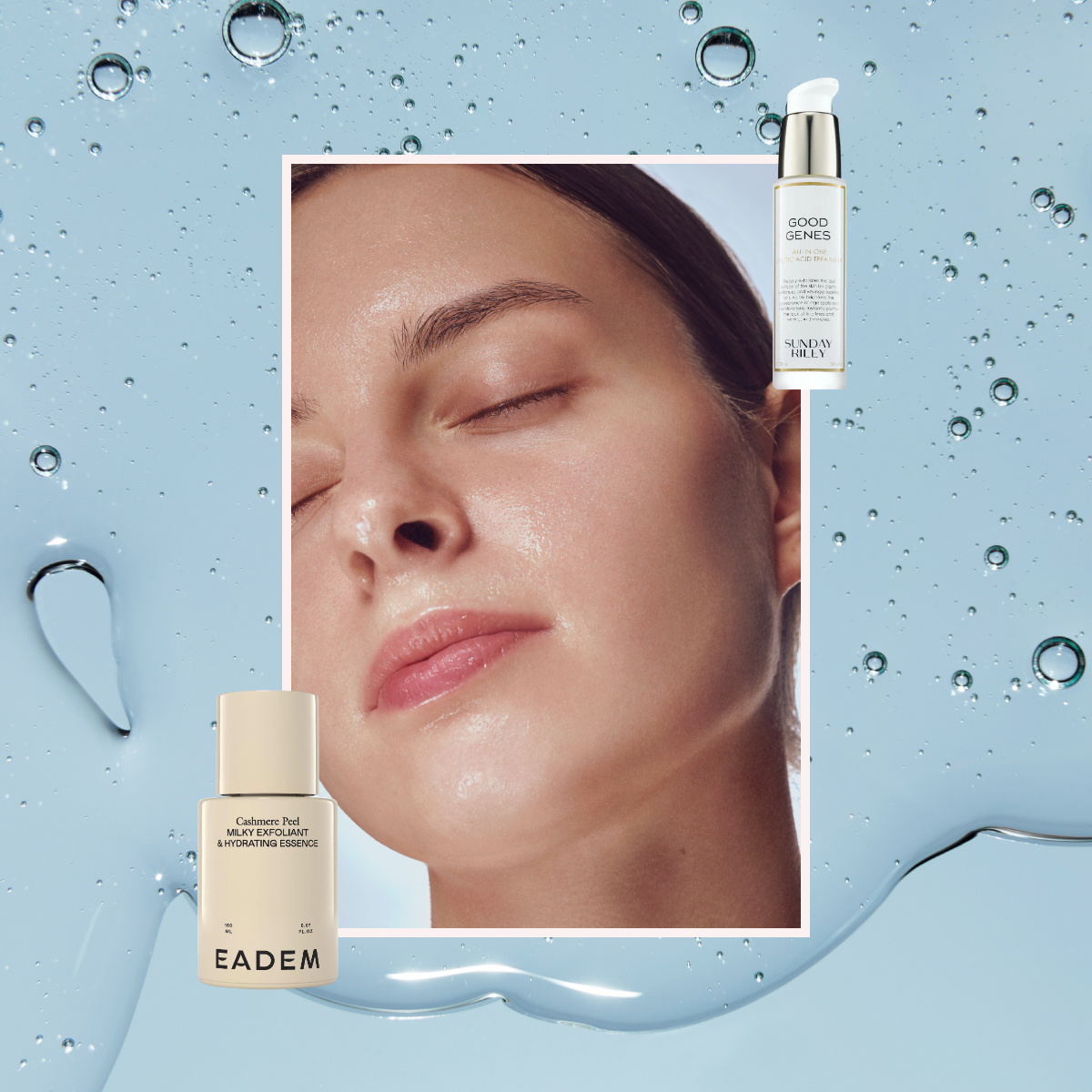 a blue serum background with two beige and white lactic acid bottles next to a woman with super clear, hydrated skin